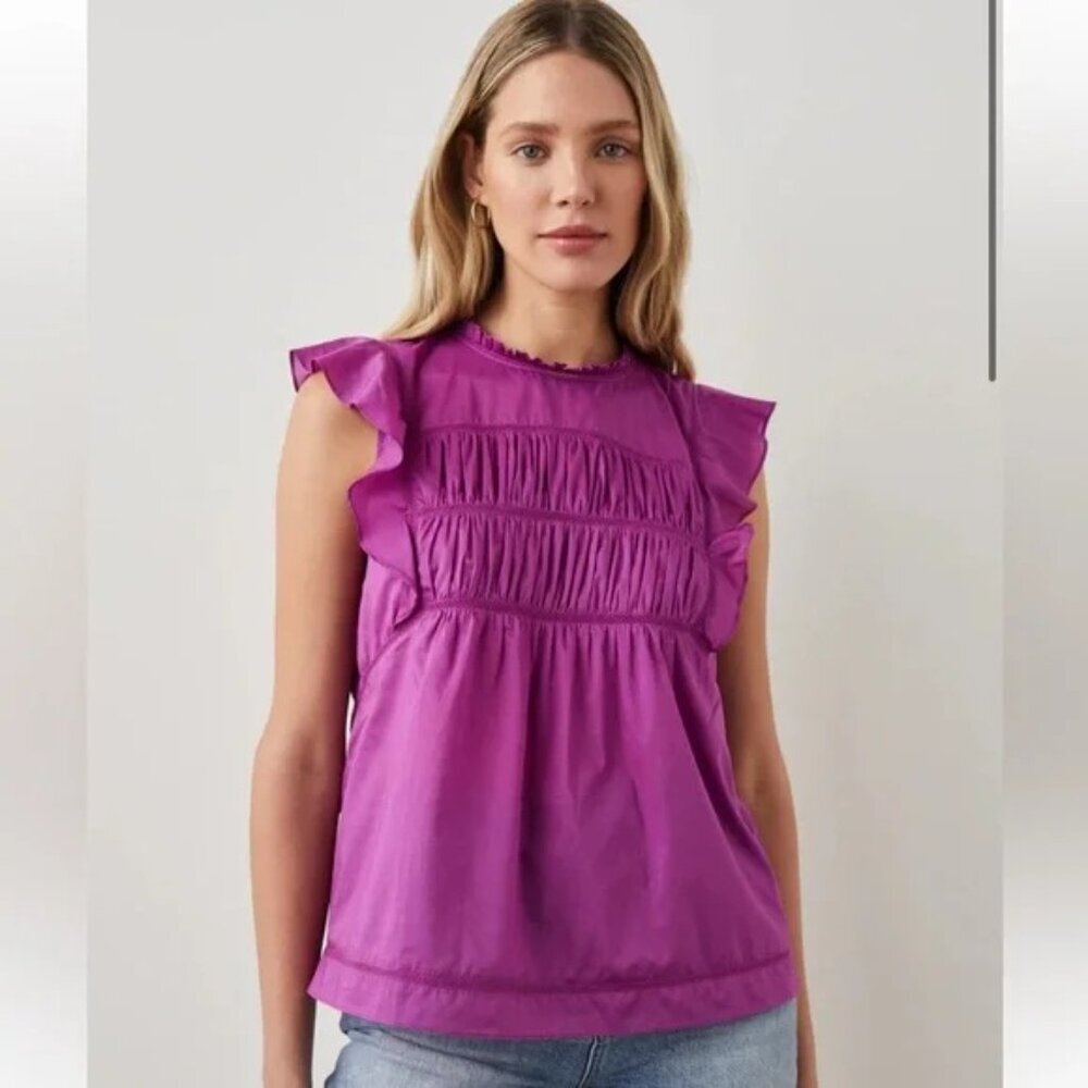 Rails Filomena Smocked Flutter Sleeve Top Ruffle Work Career in Berry Purple XS